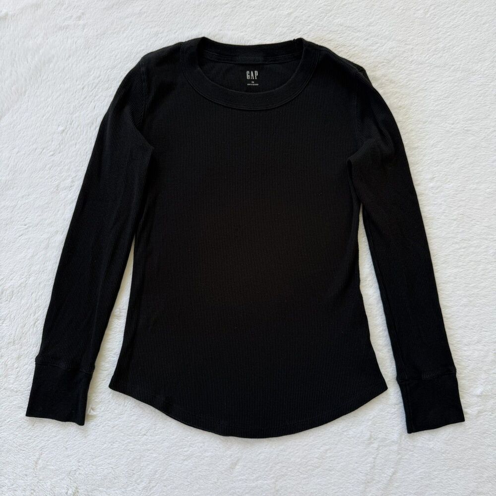 GAP Women’s Black Waffle Knit Long Sleeve Crew Neck Solid T-Shirt Size XS